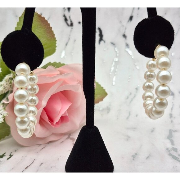 Unique White Faux Pearl Large Statement Hoop Earrings Pierced 1.5" - Picture 3 of 7